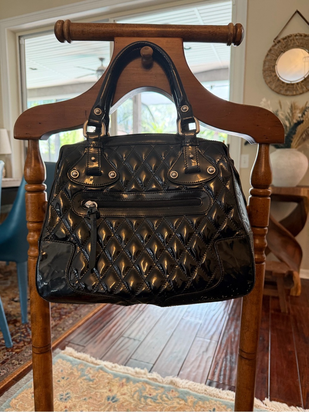 Stuart Weitzman Black Patent Leather Quilted Satchel Handbag Made in Spain